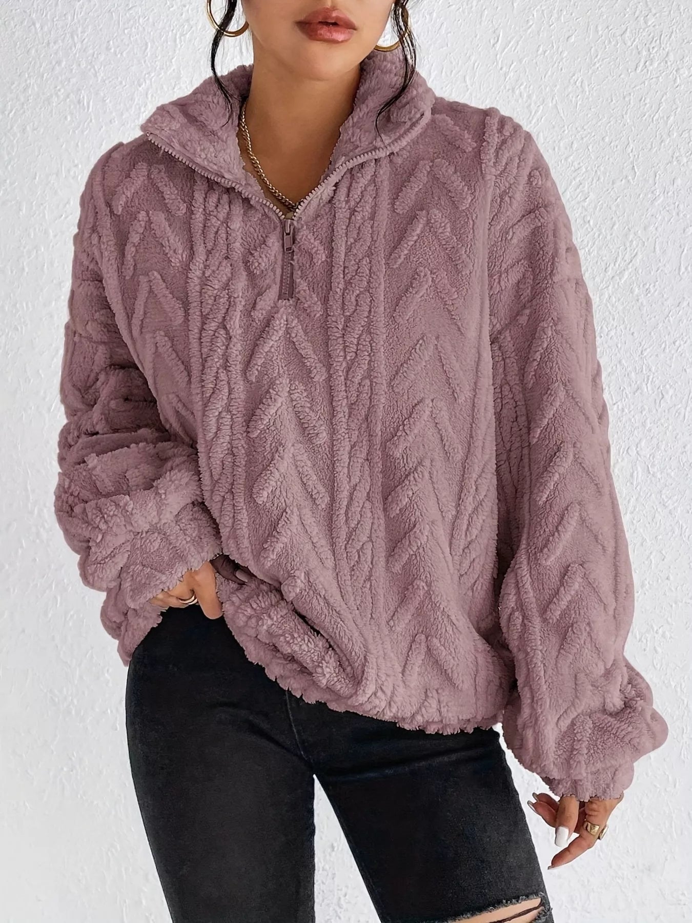 Quarter Zip Dropped Shoulder Sherpa Sweatshirt Light Purple ac655ebd9ba24462b4fc09f7ec9a758d-Max-Origin