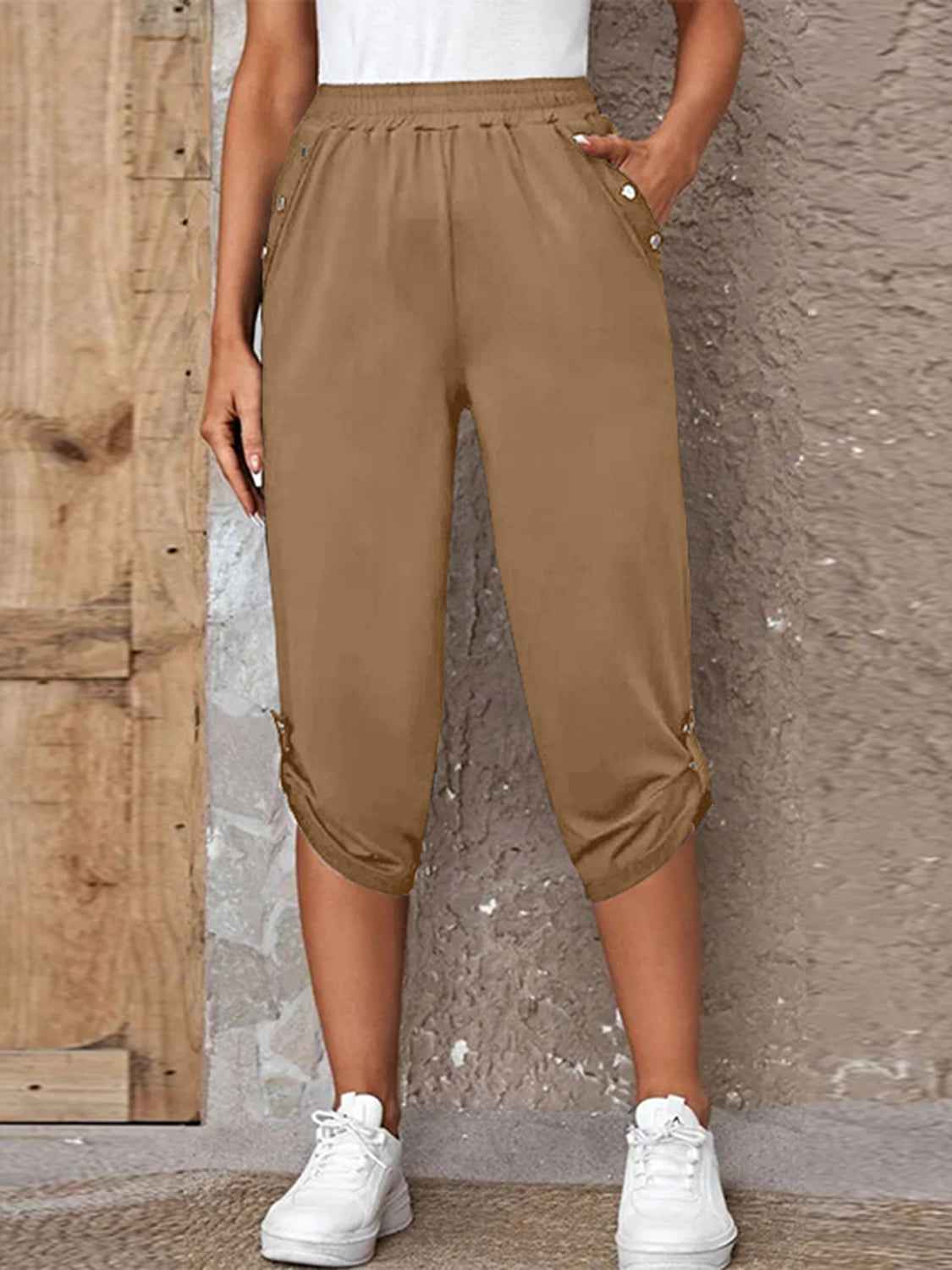 Full Size Roll-Tab Capris Pants Camel ac6ec067951047ffa391c982ccd41ad7-Max