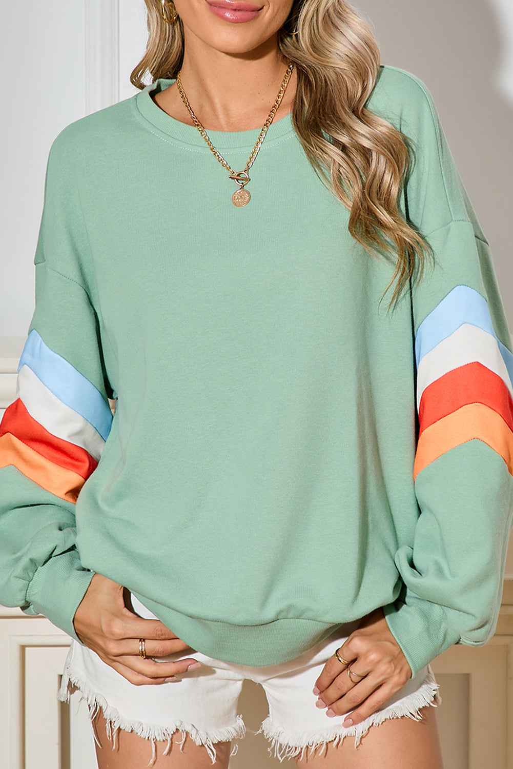 Moonlight Jade Patchwork Drop Sleeve Loose Sweatshirt Moonlight Jade 65%Polyester+35%Cotton ac70ebe54b8f1aac