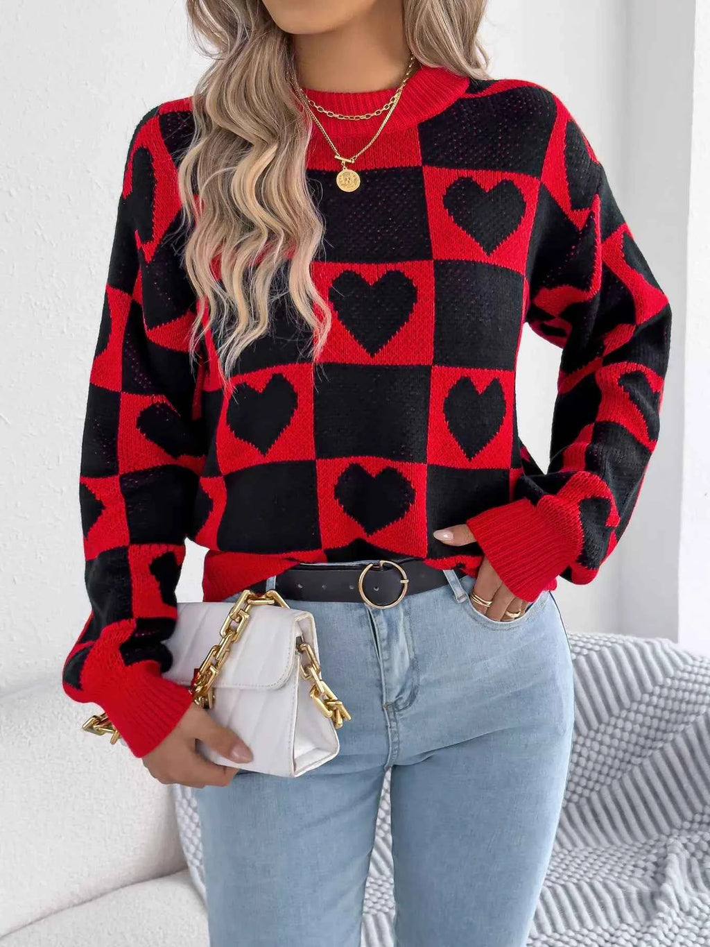 Heart Checkerboard Pattern Round Neck Sweater ac921b2dcb1147ecb9696d3c3da9bc80-Max-Origin