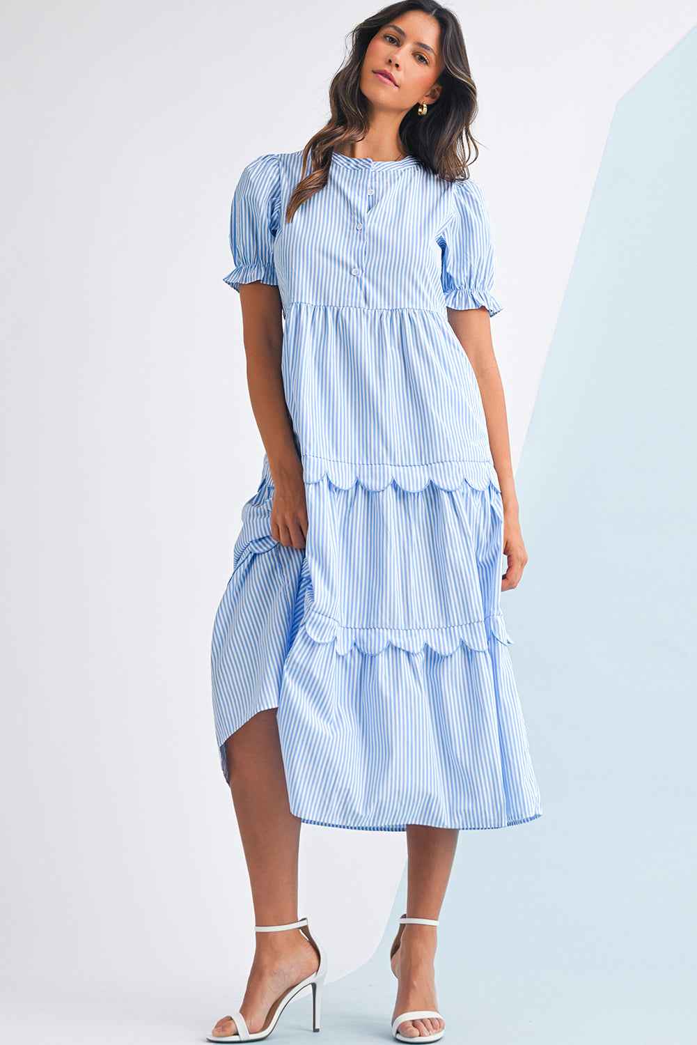 Sky Blue Stripe Bubble Sleeve Scallop Tiered Dress aca0af1194df3726