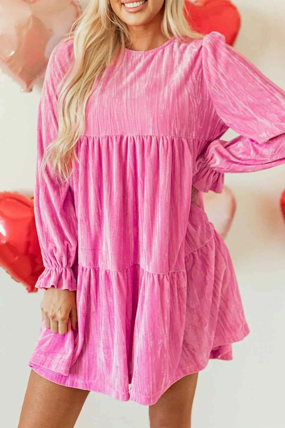 Tiered Flounce Sleeve Mini Dress Hot Pink aca7a545-8031-486e-9f89-31dc57449d94-Max-Origin