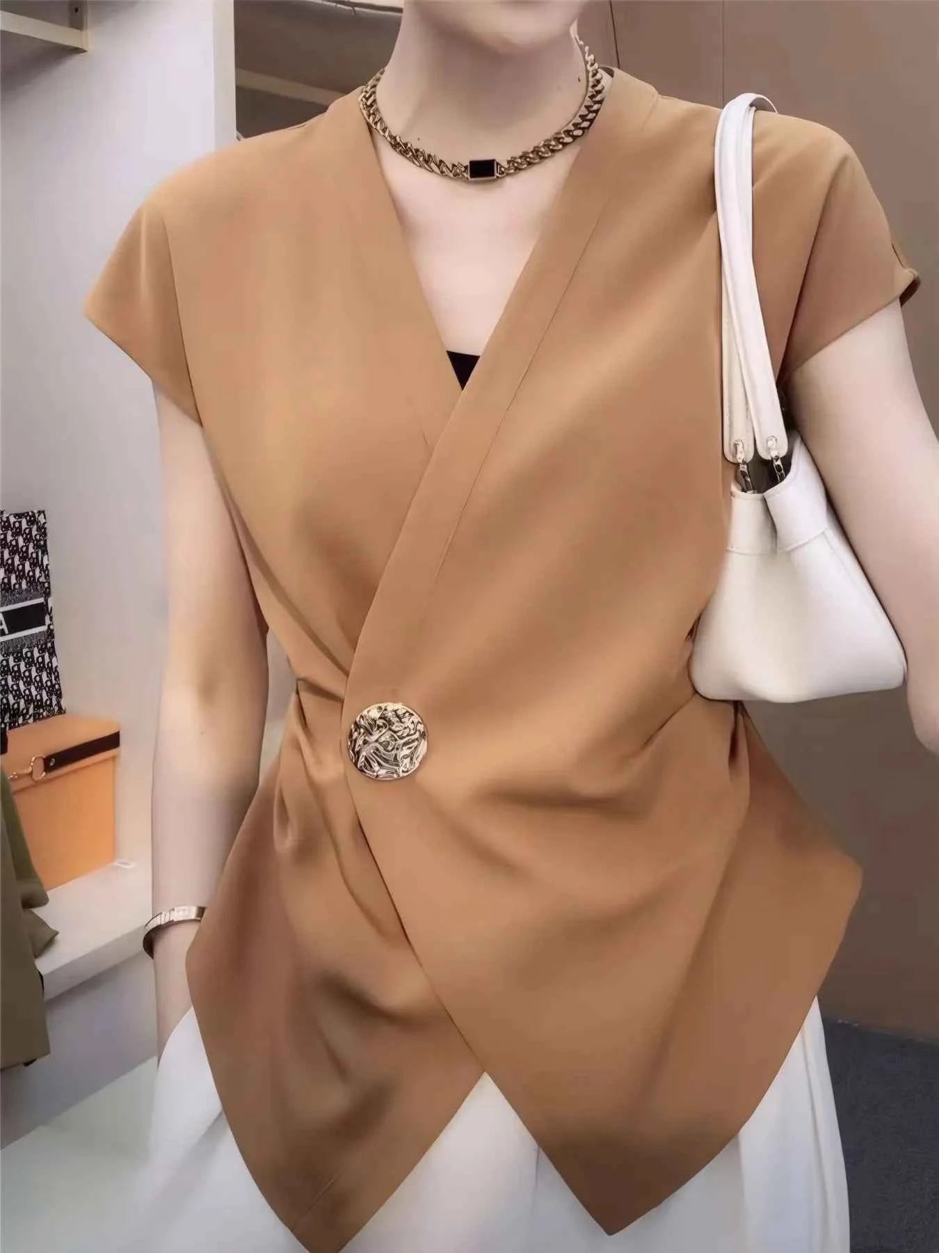 Plus Size Wrap Front Blouse with Decorative Button Detail Camel acbe2a9a-5159-4fff-ad96-d3179104fe37-Max-Origin