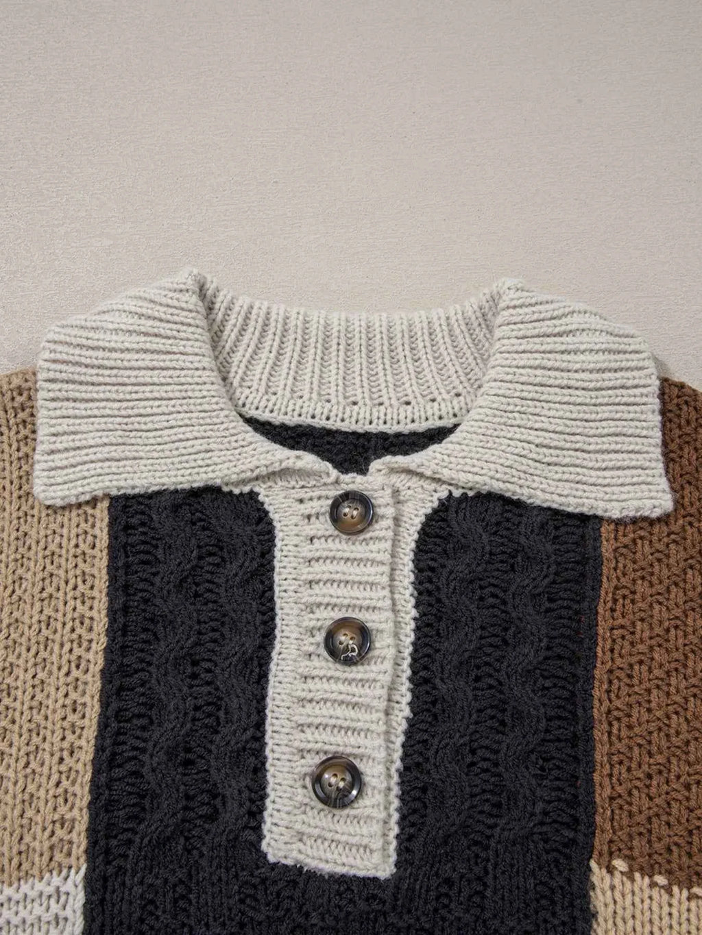 Multicolour Color Block Cable Knit Sleeve Buttons Collared Sweater acc54d75e61c4cf79168fa66230672a0-Max-Origin