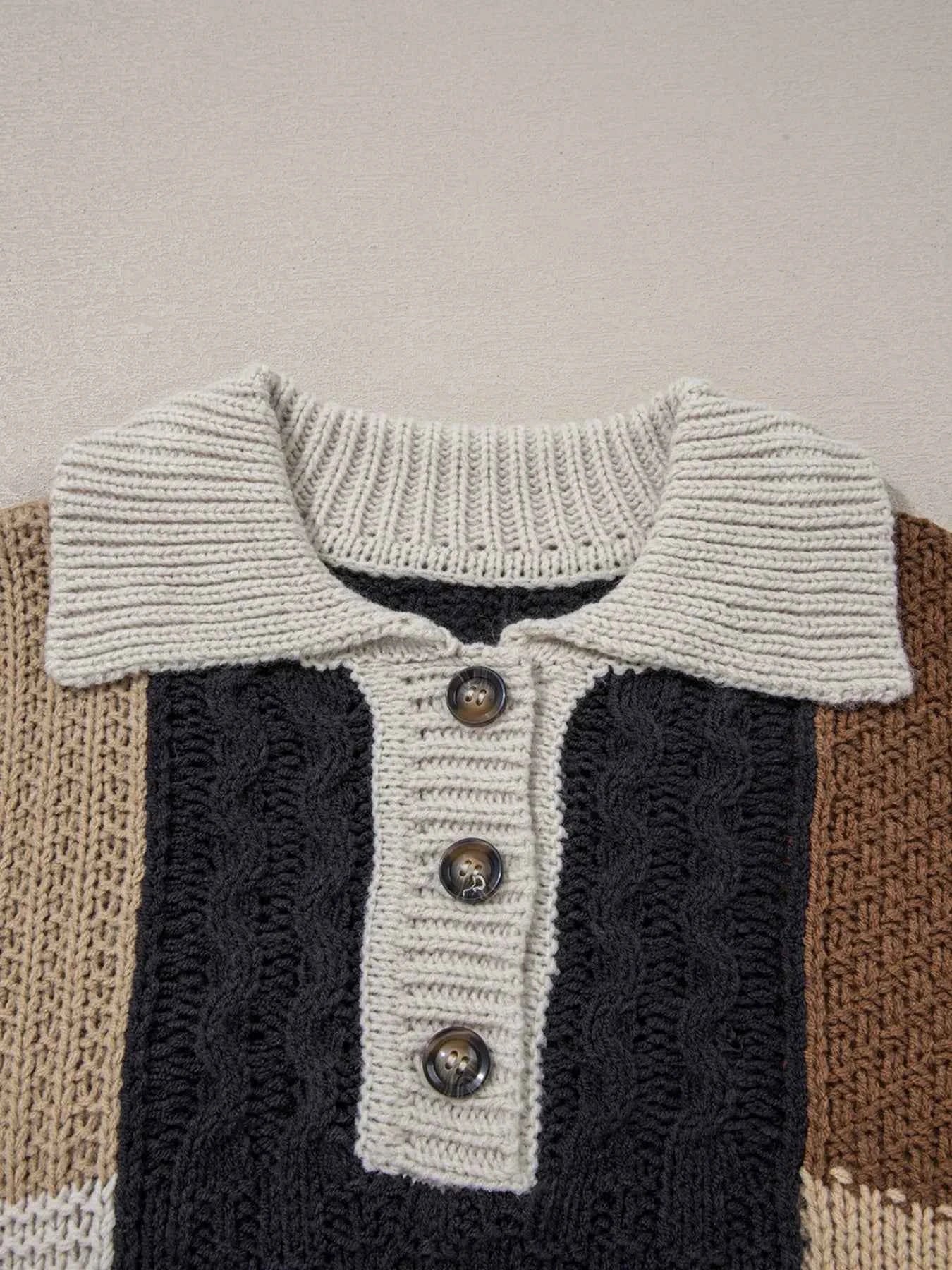 Multicolour Color Block Cable Knit Sleeve Buttons Collared Sweater acc54d75e61c4cf79168fa66230672a0-Max-Origin