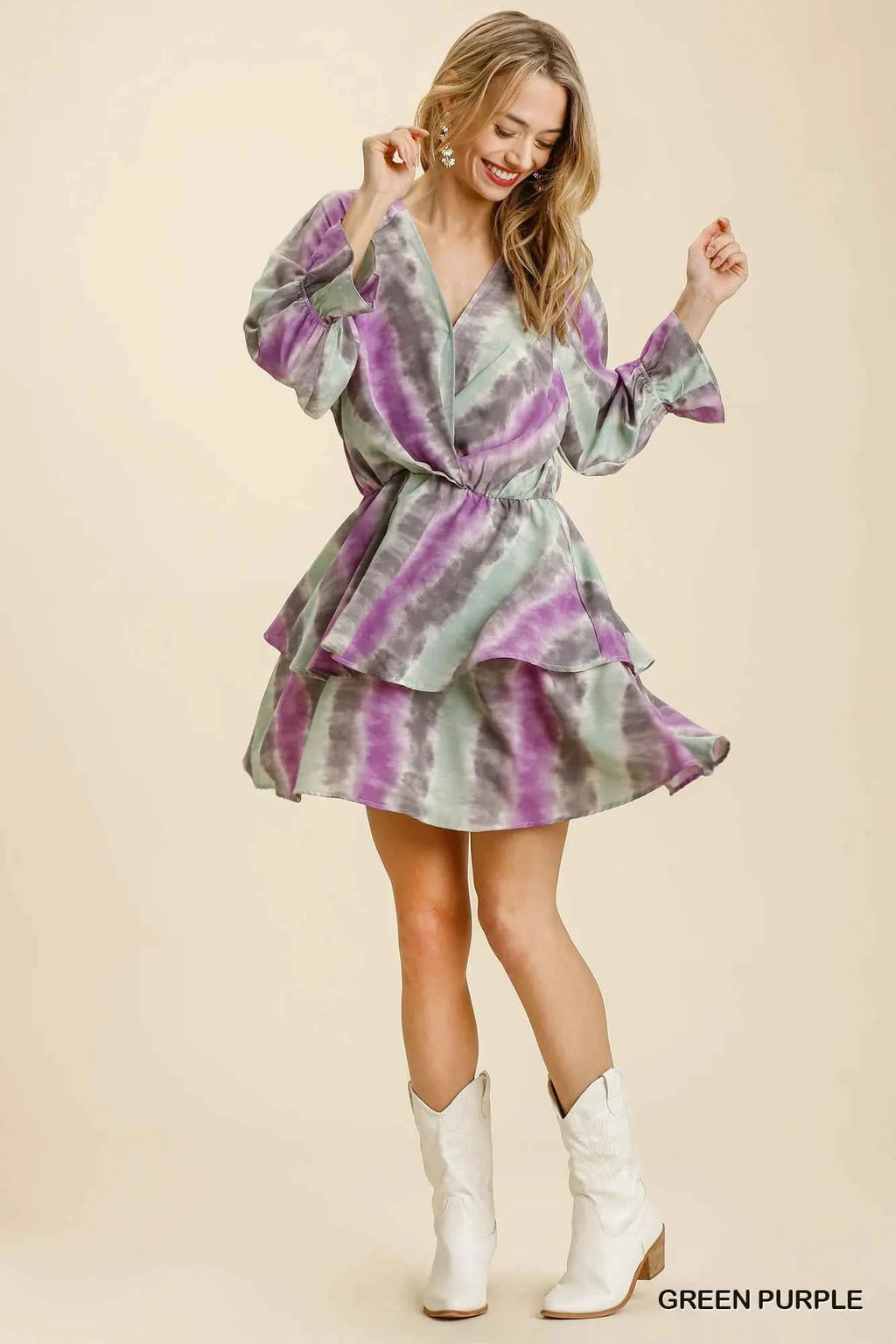 Umgee Tie Dye Ruffled Layered Dress with Elastic Waistband GREEN PURPLE acc72c7f-fca5-48ab-bddb-2a2aeeb462cc-Max-Origin