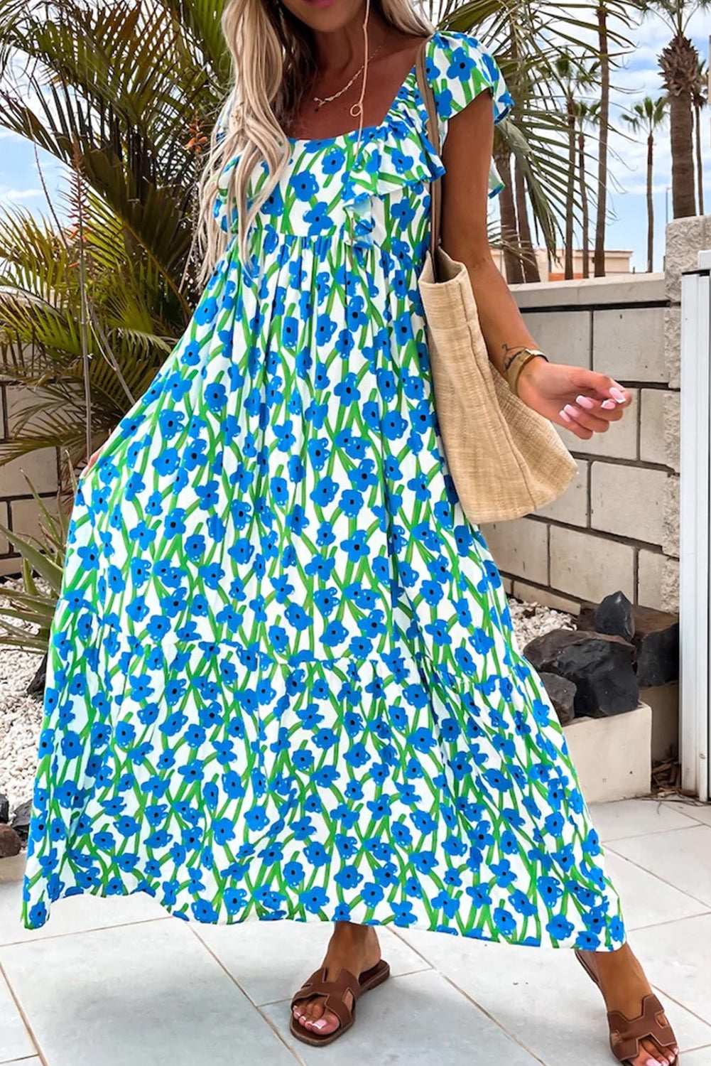 Blue Floral Print Square Neck Ruffled Strap Maxi Dress acdbb4e089db6256-_5