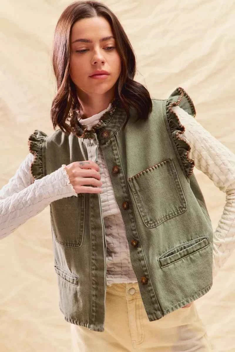 SO ME Washed Denim Stitch Ruffled Hidden Button Vest Top ace3c87d968f4215a751ed3592c203bd-Max-Origin