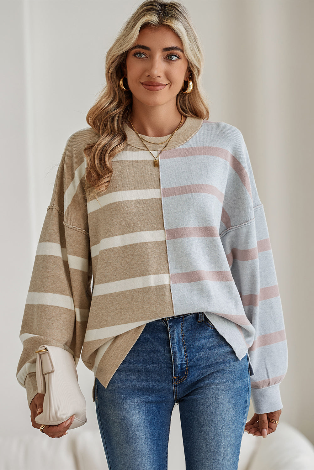Blue Stripe Exposed Seam Patchwork Loose Sweatshirts ace6175c168a9123