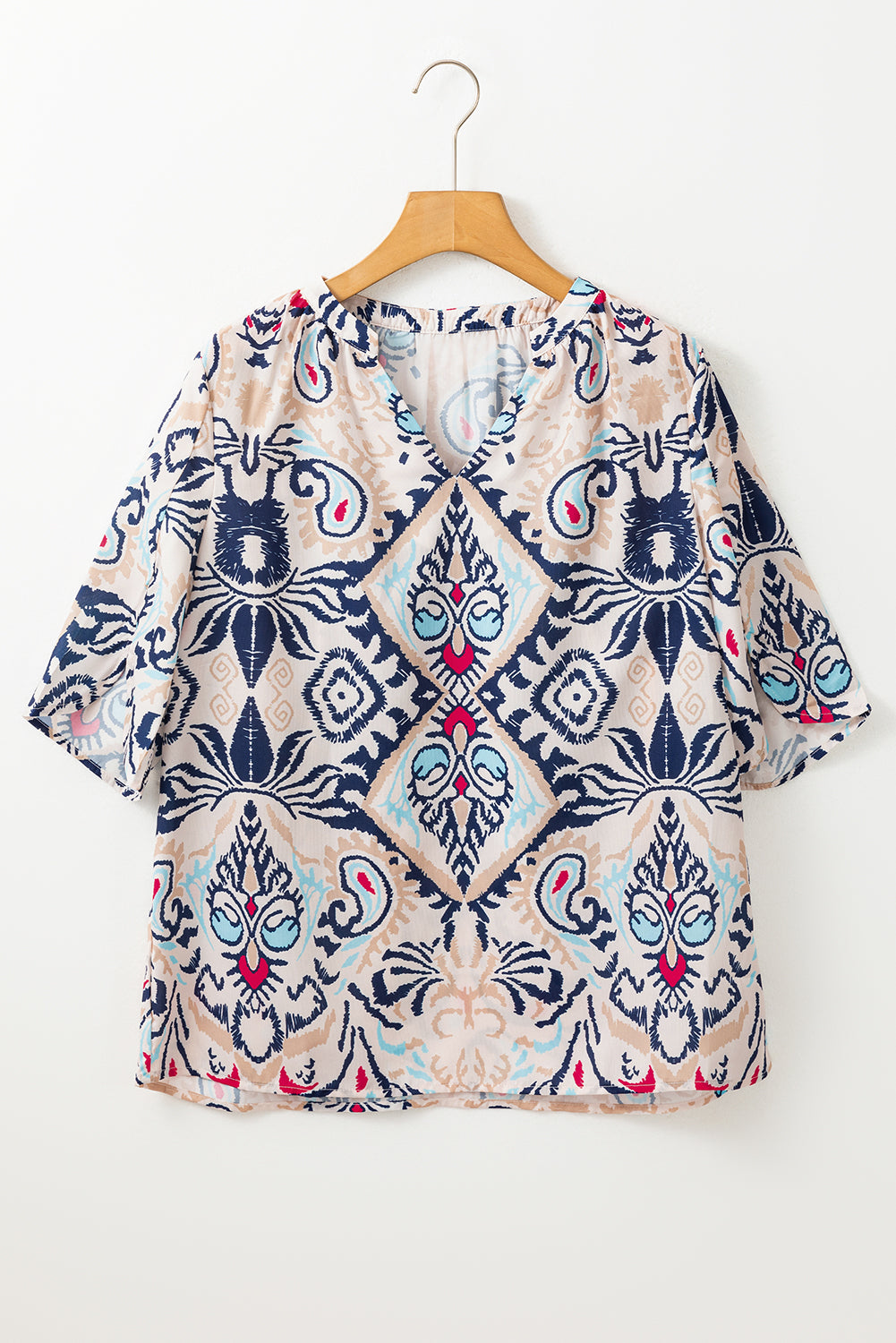 White Abstract Print V-Neck Half Tulip Sleeve Blouse ace7e71e07680e86