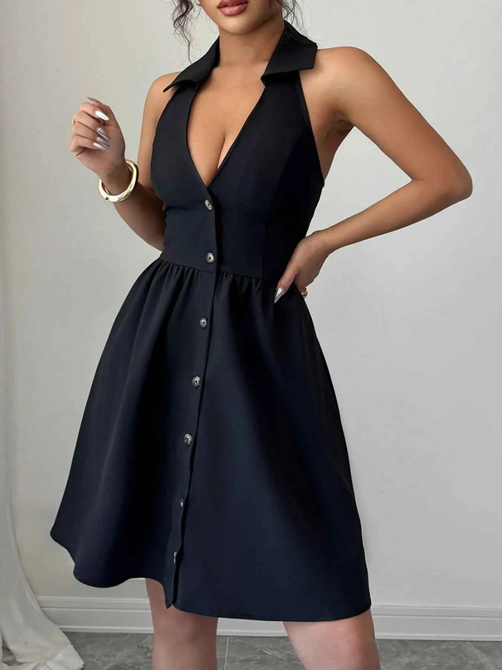 Halter Neck Sleeveless Mini Dress Black acfbfb94-2aa4-414e-8eb7-c240f7867b5d-Max-Origin