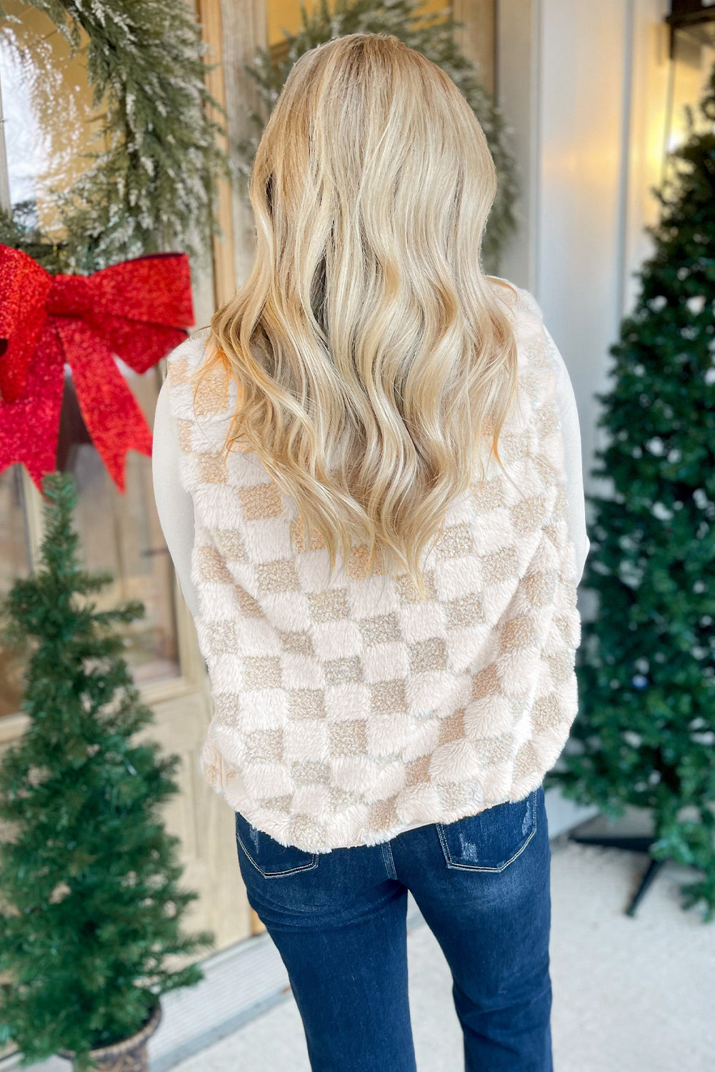 Khaki Sherpa Checkerboard Snap Button Vest Jacket ad065d65a19e35f0