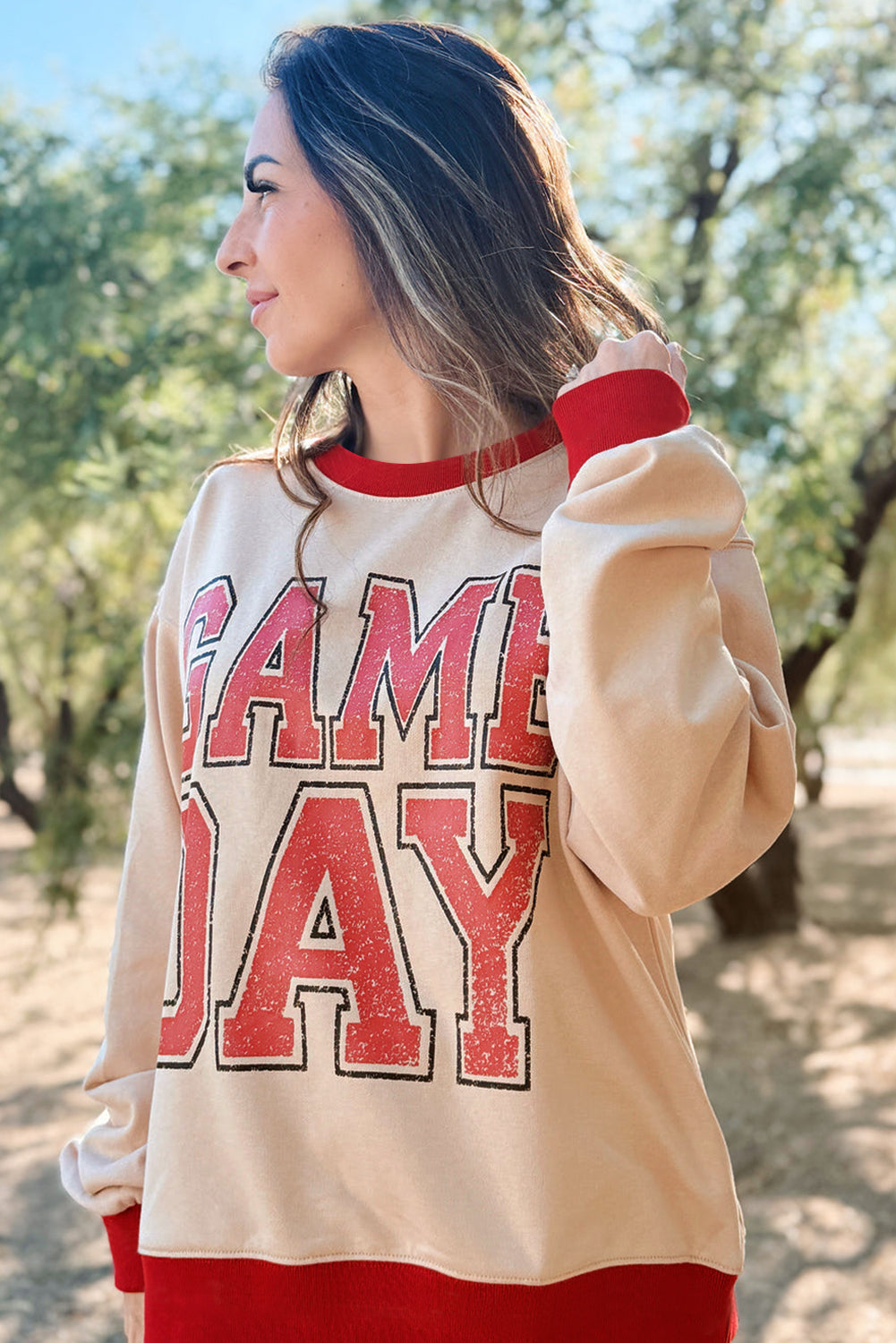 Oatmeal GAME DAY Letter Contrast Trim Baggy Sweatshirt ad1418ba4df73600