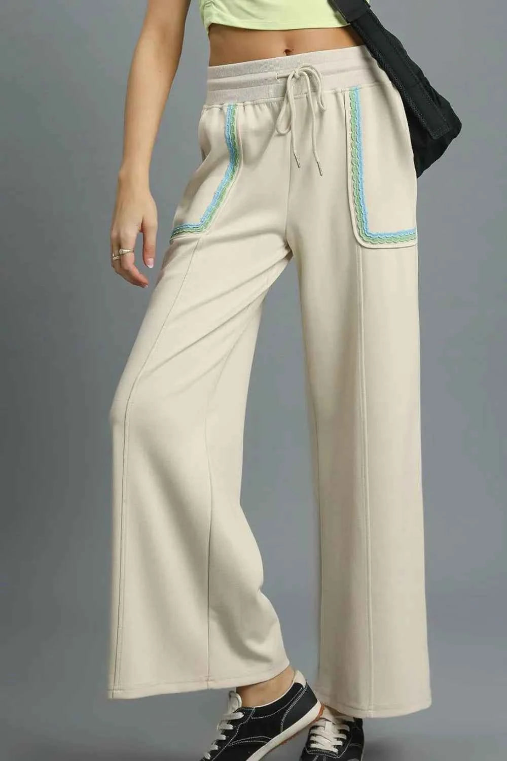 Umgee Drawstring Wide Leg Pants with Scallop Trim Detail Beige ad309e98-795a-4f9f-9d3f-78965f9d3392-Max-Origin