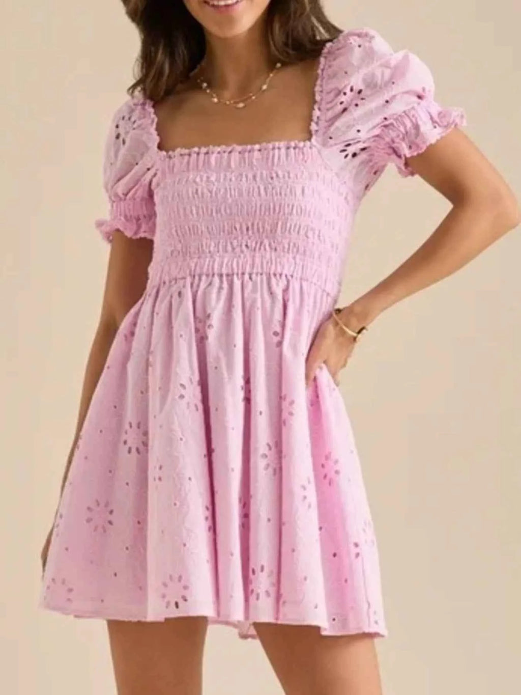 Eyelet Puff Sleeve Smocked Mini Dress ad6b9662-7cd9-4eaf-b494-3cd4ba467e46-Max-Origin