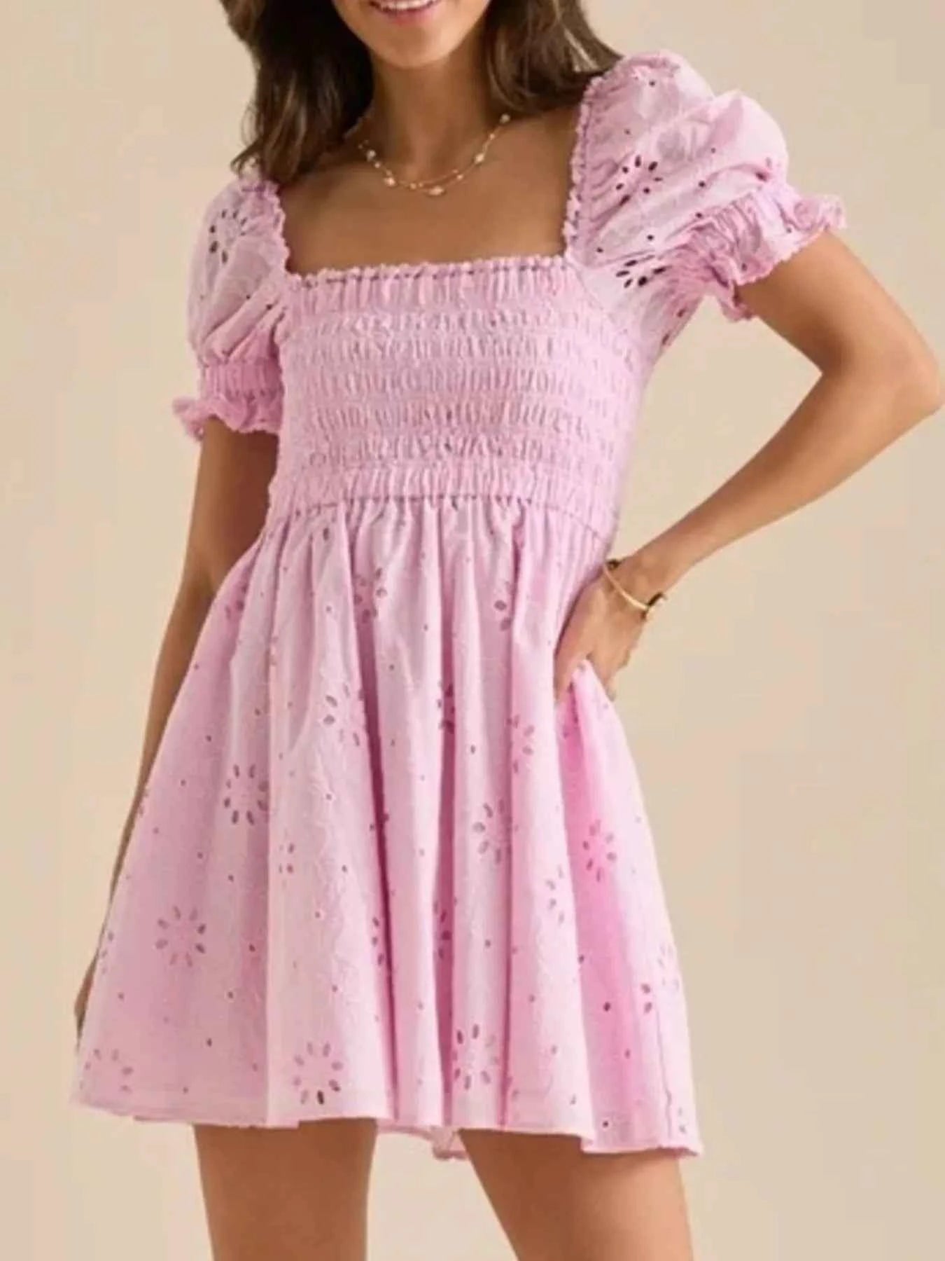 Eyelet Puff Sleeve Smocked Mini Dress ad6b9662-7cd9-4eaf-b494-3cd4ba467e46-Max-Origin