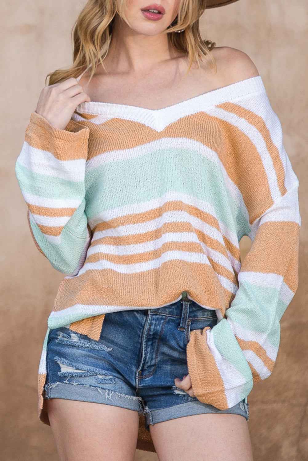 Multicolor Colorblock Stripe V Neck Split Sweater ad807b5a66947ea1