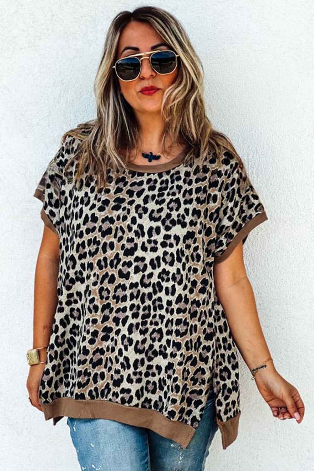Khaki Leopard Contrast Trim Short Sleeve Loose Plus Size Top ada35fa2aa689802
