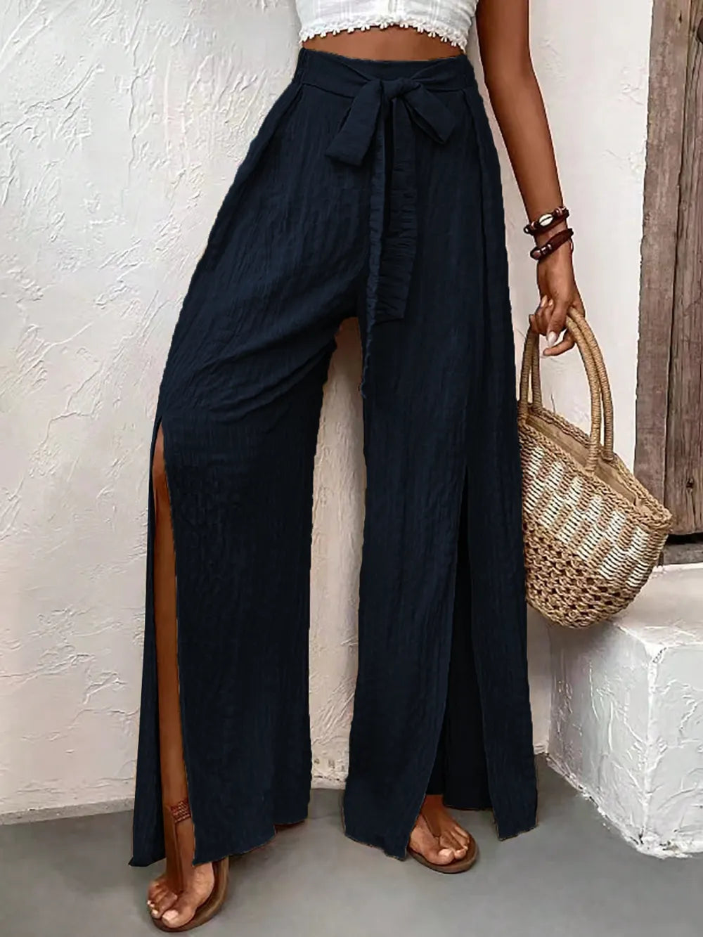 Honey Tied Slit Wide Leg Pants adc75496-061f-4e59-b690-54f92325fe0c-Max