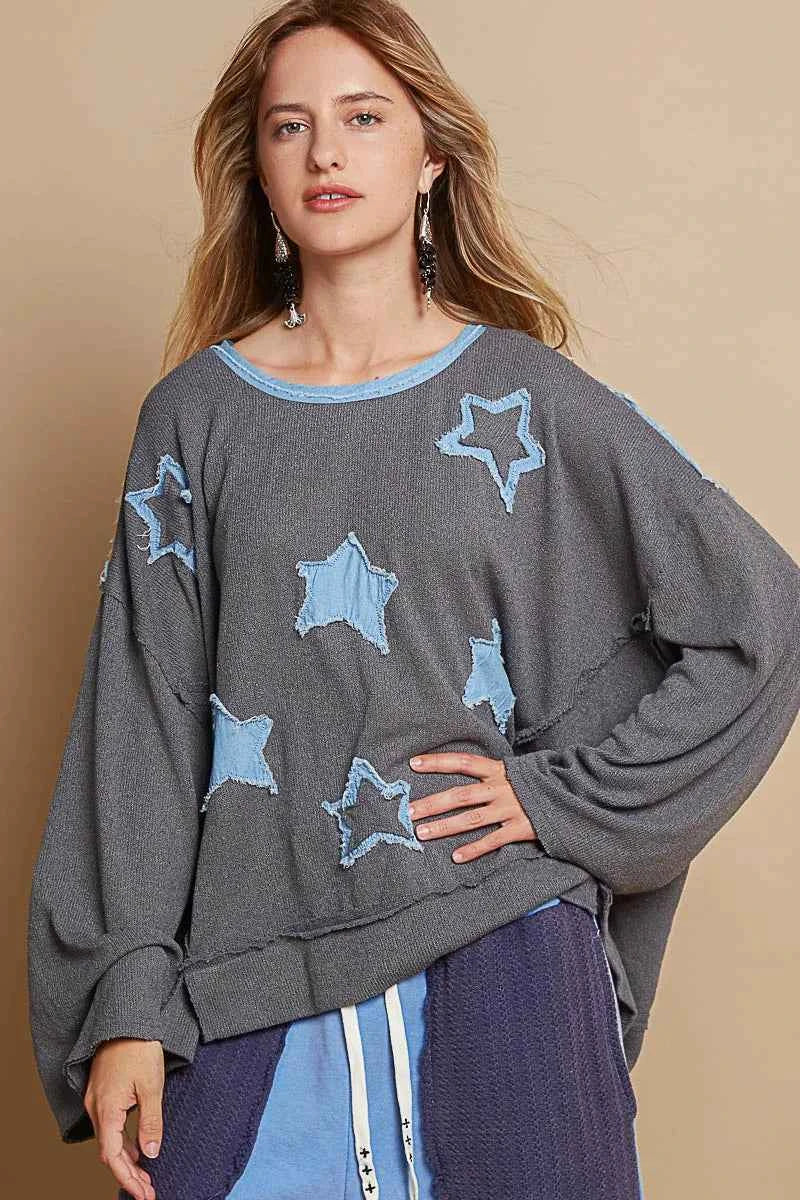 POL Exposed Seam Relaxed Fit Sweater with Star Denim Patch add1d6a0-96c5-4bfe-942c-f63dda048e9e-Max-Origin