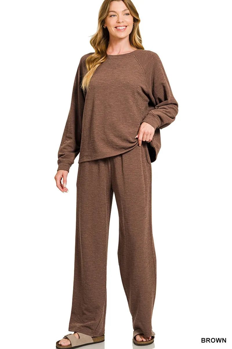 Zenana Slub Long Sleeve Top and Pants Lounge Set BROWN addace0d9ecd44e3a5420349b75bba7b-Max-Origin