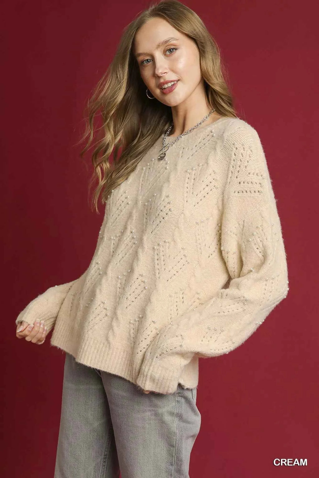 Umgee Pearl-Embellished Long Sleeve Sweater adf23358-fa3d-4c00-8ed2-75e81486ffa1-Max-Origin