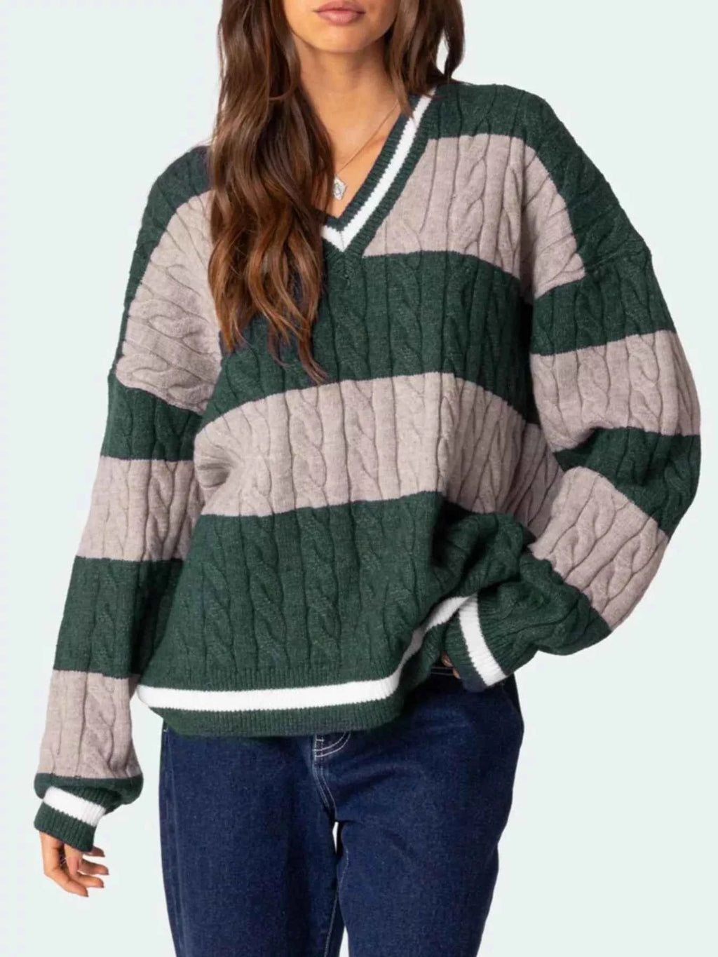 Striped Cable Knit V-Neck Sweater adfc7ce9-ec37-499c-a332-715e2083e069-Max-Origin