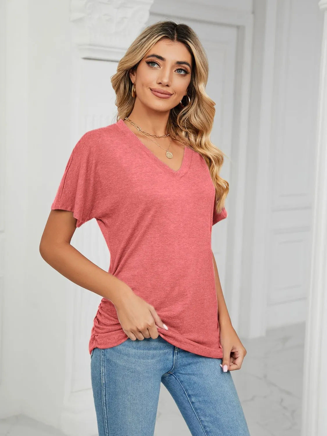 V-Neck Short Sleeve T-Shirt Burnt Coral adfd9a7d-37da-470c-8337-acbb52a006f4-Max-Origin