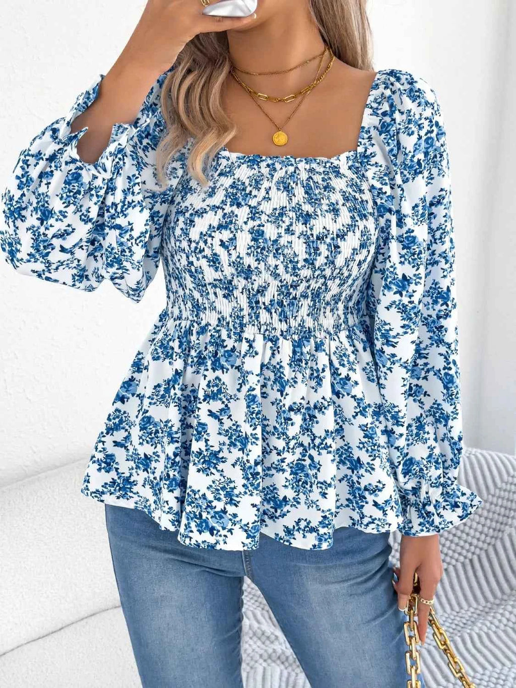 Floral Square Neck Flounce Sleeve Blouse ae06233e-6702-423a-b250-dd95277ad5c9-Max-Origin