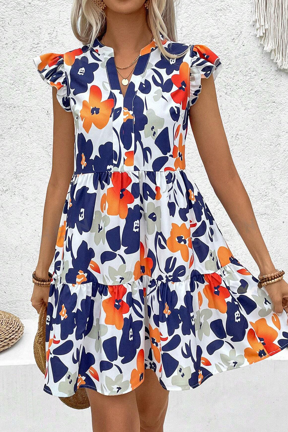 Orange Floral Print Notched Neck Flutter Sleeve Mini Dress ae10d14fe0e18542