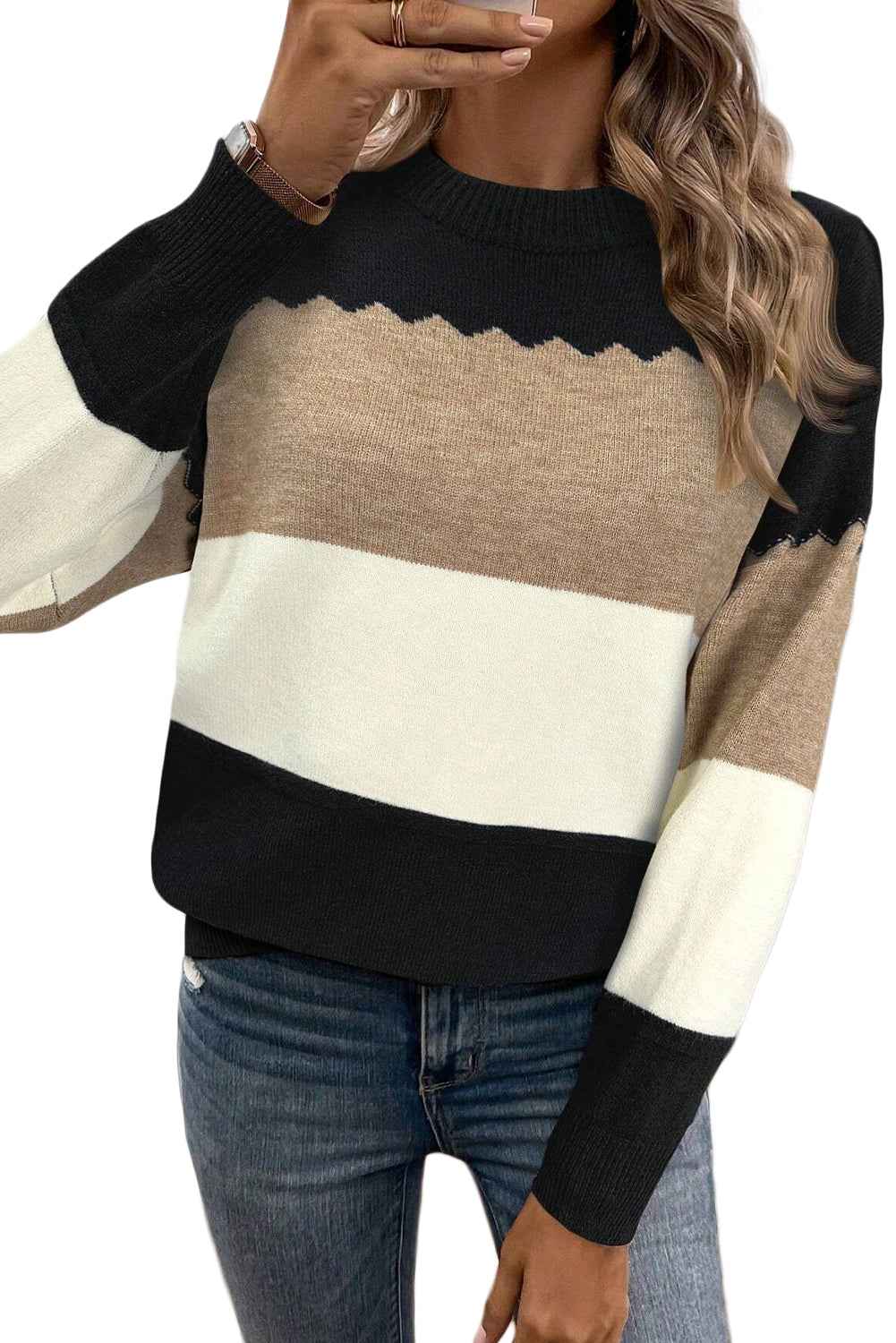 Black Colorblock Crew Neck Drop Shoulder Sweater ae1312e5f1c2b1fe