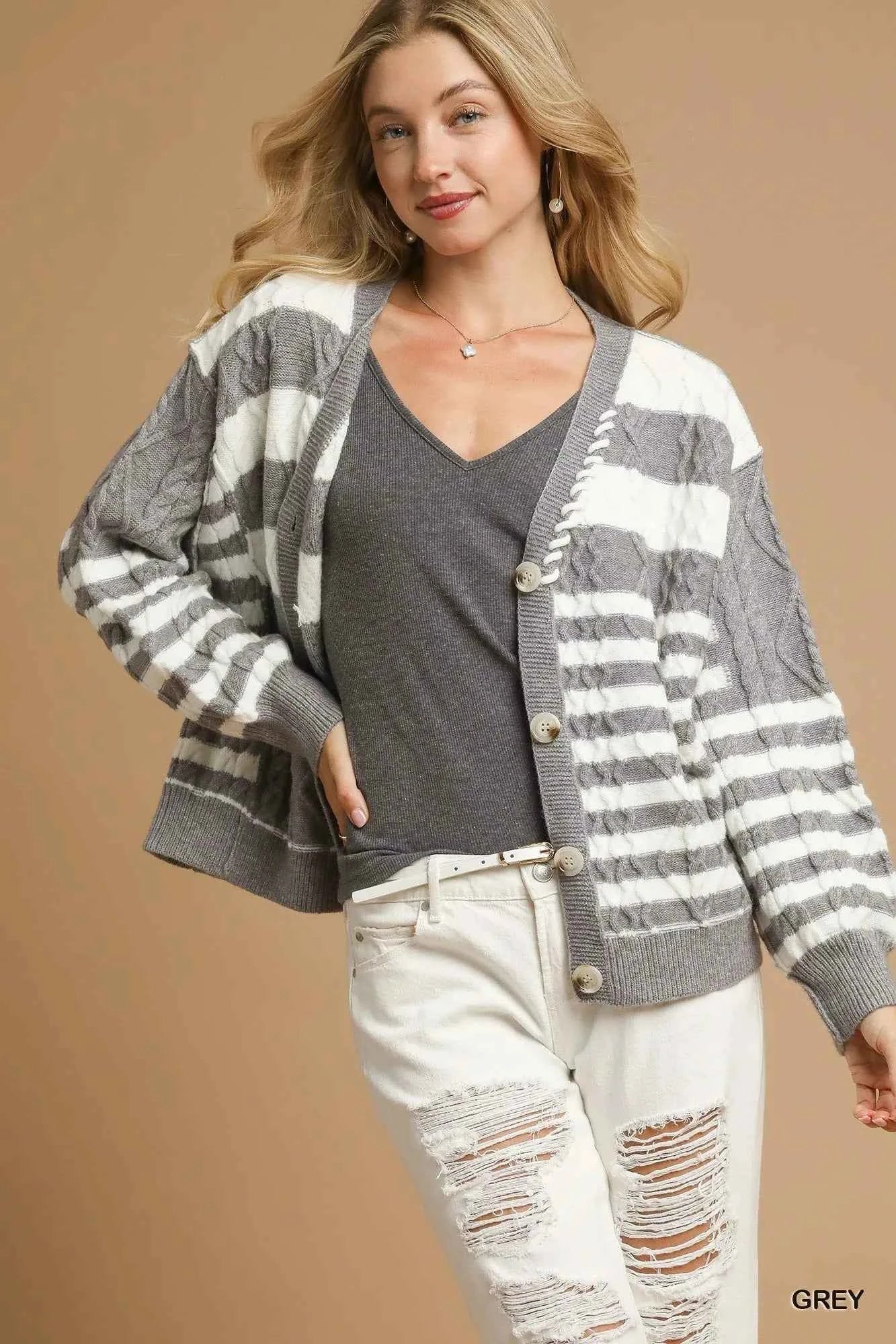 Umgee Cable-Knit Stripe Button-Up Cardigan GREY ae190f4c-d4e1-49cf-91e9-70569dae23df-Max-Origin