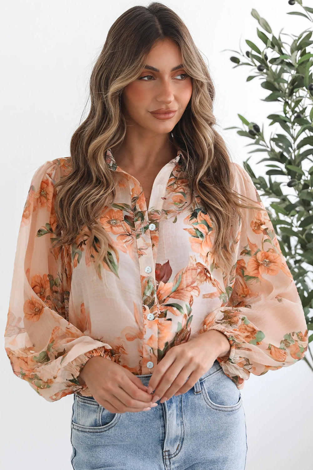 Brown Floral Puff Sleeve Lightweight Shirt ae1b77b0d443a987