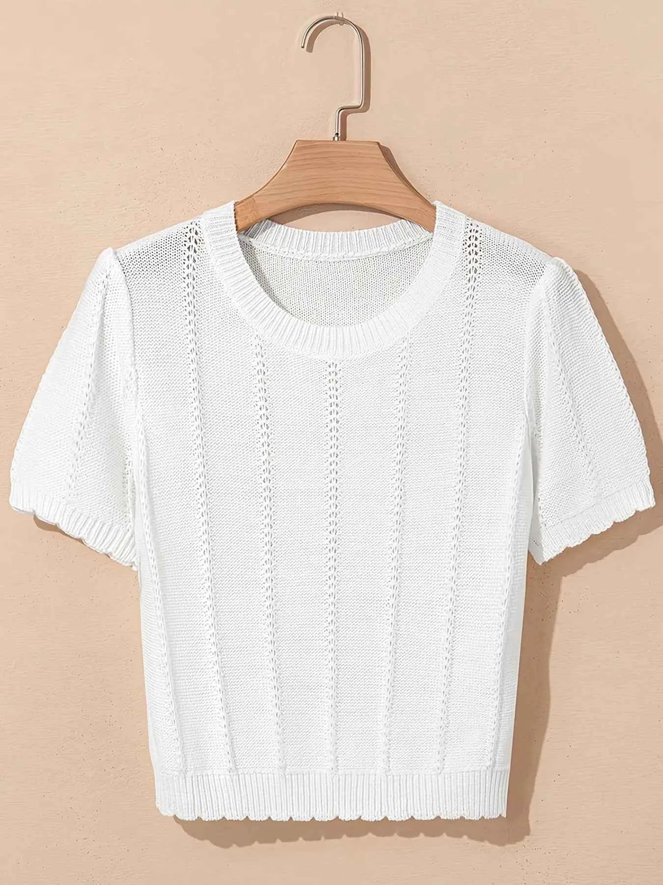 Openwork Round Neck Short Sleeve Sweater ae23ce055e374d78a7374a9ef8dc9cb2-Max-Origin