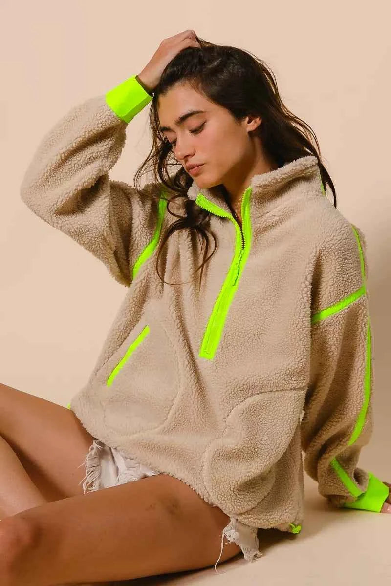 BiBi Contrast Edge Half Zip Up Sherpa Jacket ae25eb07830641b18f03d8939d344e35-Max-Origin