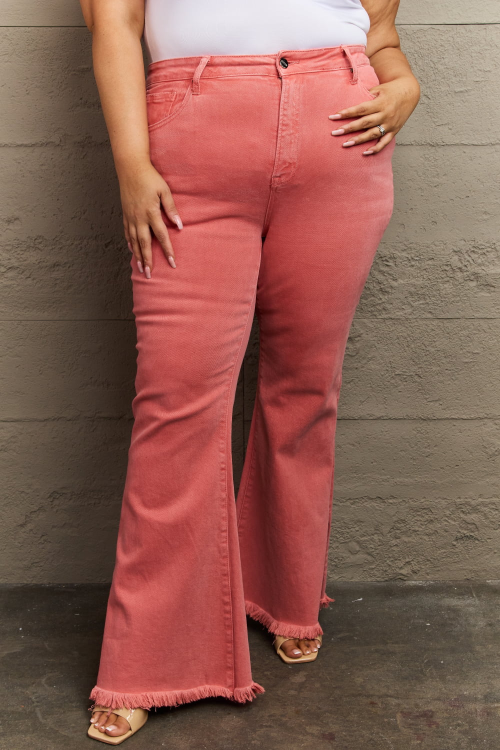 RISEN Bailey Full Size High Waist Side Slit Flare Jeans Coral ae31cc3a69a54a169d79693cd377e70e-Max