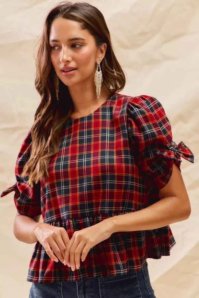 SO ME Christmas Holiday Plaid Ribbon Short Sleeves Top ae4615f7ff7f4944bb82fe8651d6f69c-Max-Origin
