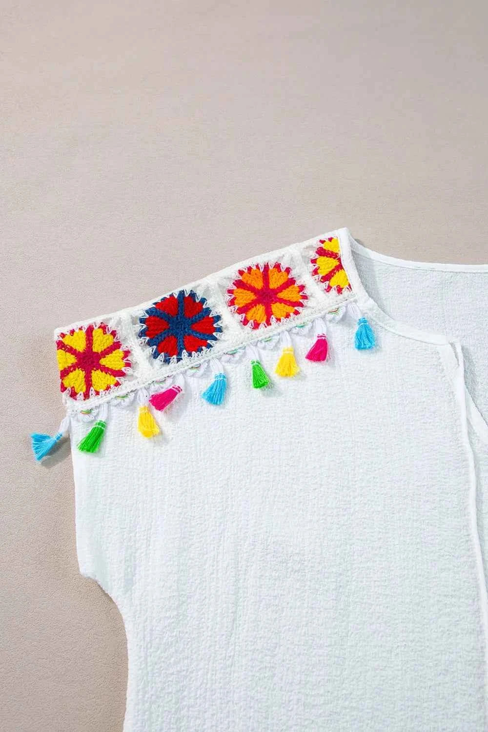 Tassel Tie Neck Short Sleeve Blouse ae4dc44e-befa-48c7-b246-d26db7763a73-Max