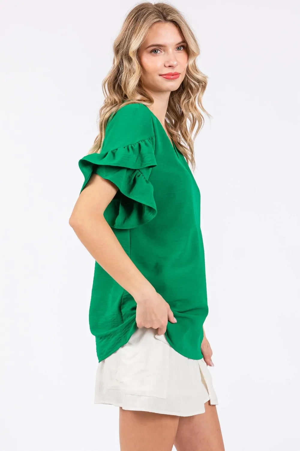 GeeGee Ruffled Short Sleeve V-Neck Blouse ae556ee8-fa5b-4f56-a0f6-9f7997bfd5cc-Max