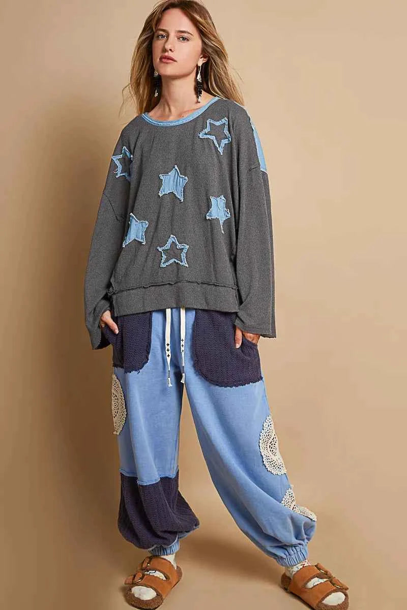 POL Exposed Seam Relaxed Fit Sweater with Star Denim Patch ae627afa-f9d4-49c7-bde9-cc78e3fc7f25-Max-Origin