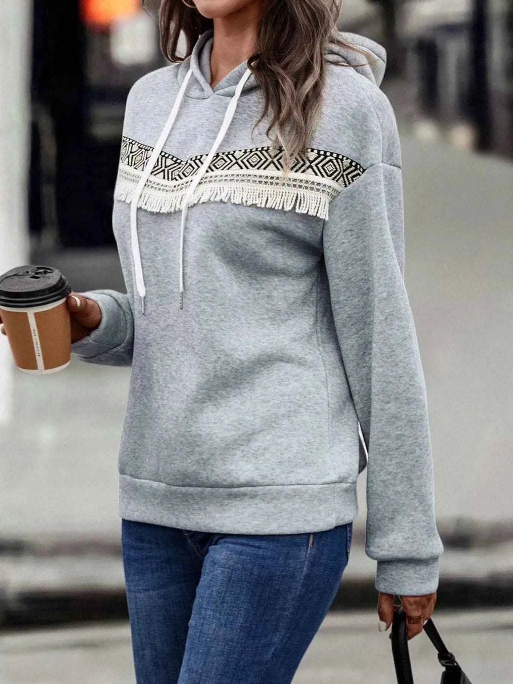 Fringe Detail Long Sleeve Drawstring Hoodie ae8b13c7-852b-442e-82be-cbb3fde4fc6d-Max-Origin