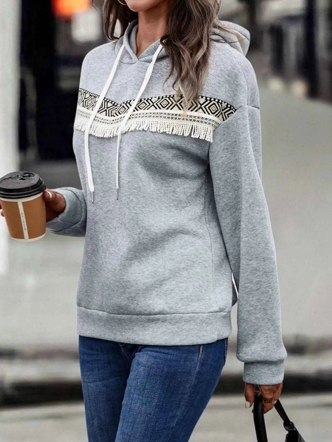 Fringe Detail Long Sleeve Drawstring Hoodie ae8b13c7-852b-442e-82be-cbb3fde4fc6d-Max-Origin