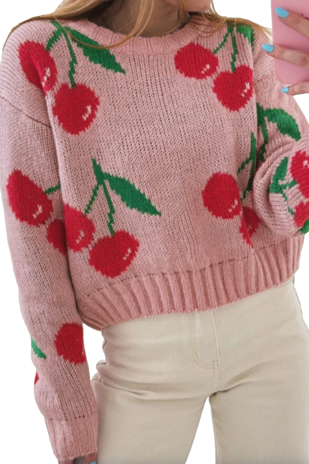Pink Cherry Print Round Neck Knit Sweater ae9607db8d388e97