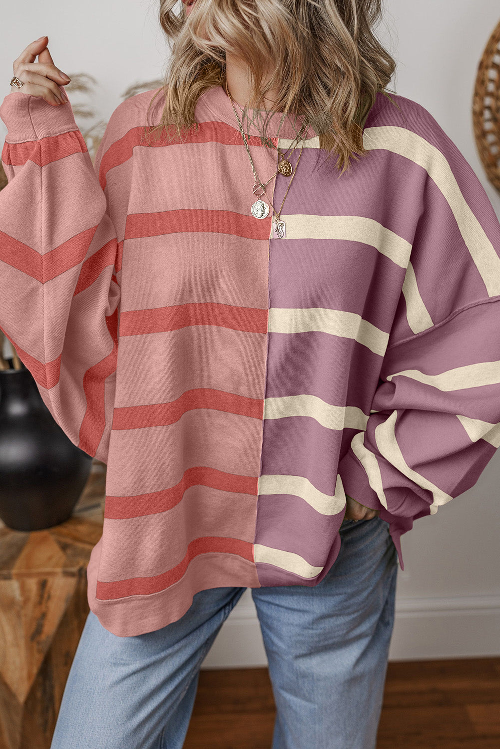 Pink Striped Patchwork Drop Shoulder Sweater aea3b607111a5684