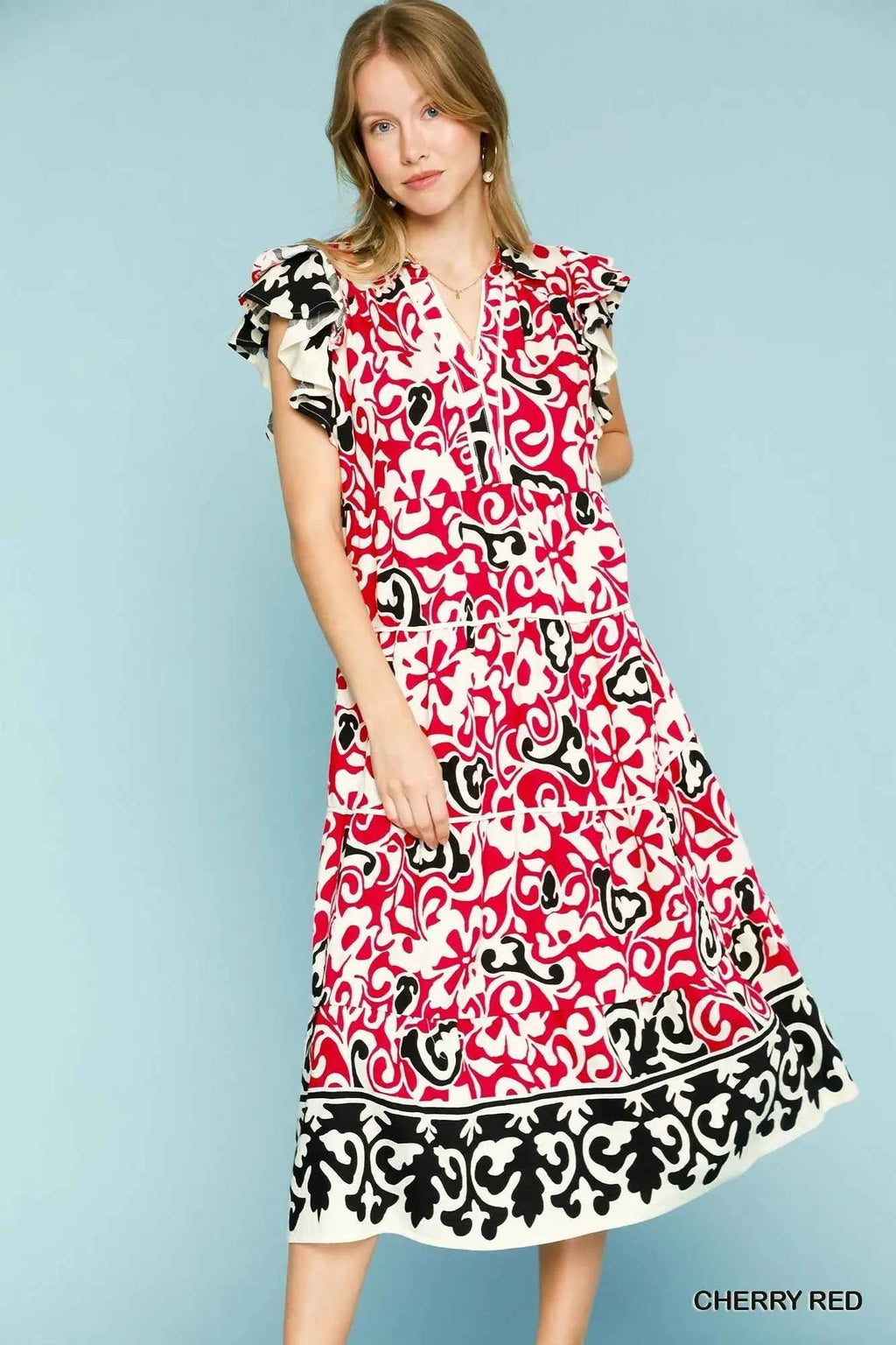 Umgee Printed Ruffled Cap Sleeve Midi Dress CHERRY RED aea65445-af1b-45c1-b477-68c0503c11fa-Max-Origin