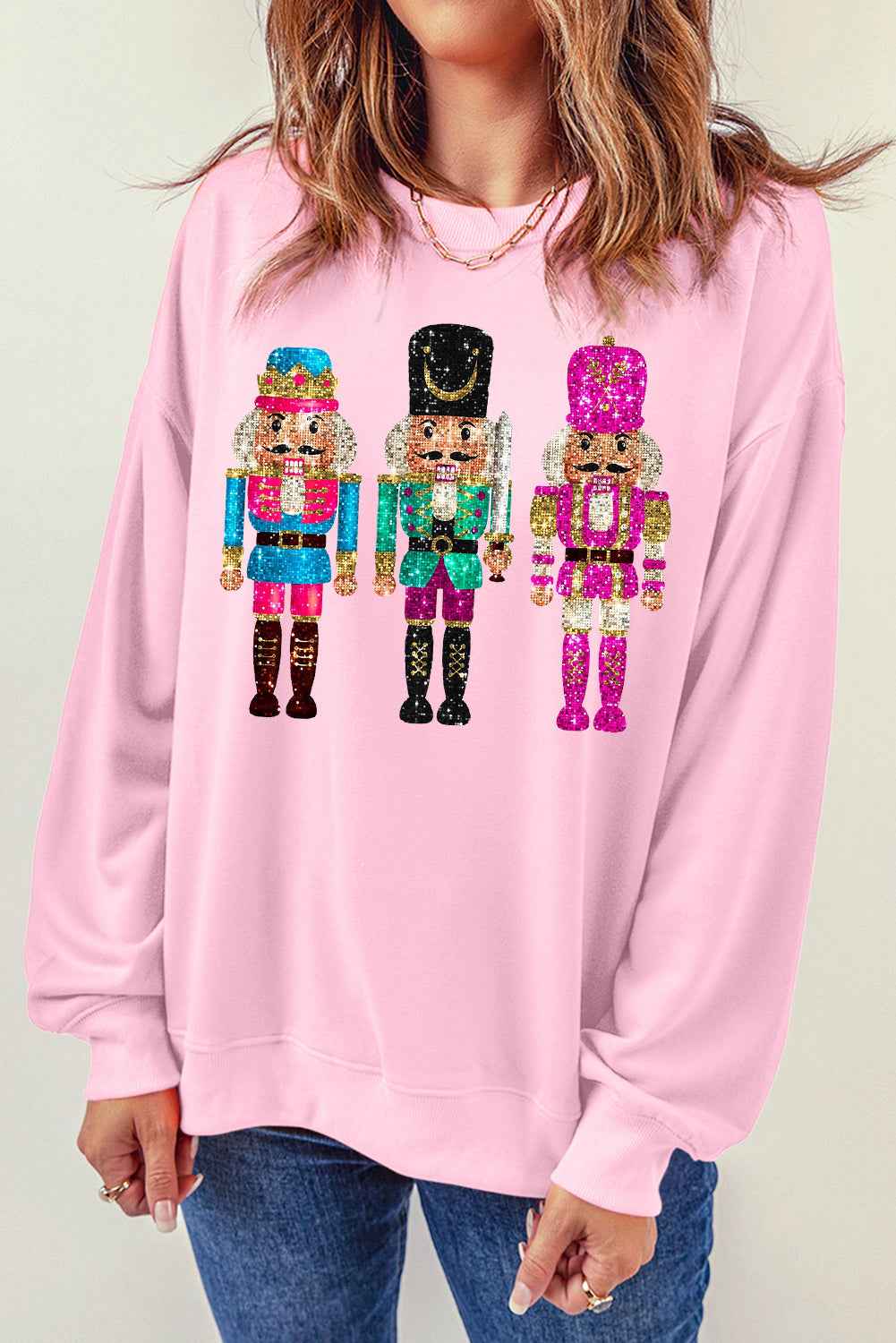Pink Cute Nutcracker Heat Transfer Printing Graphic Drop Shoulder Christmas Sweatshirt aeb9fa9fba7d2811