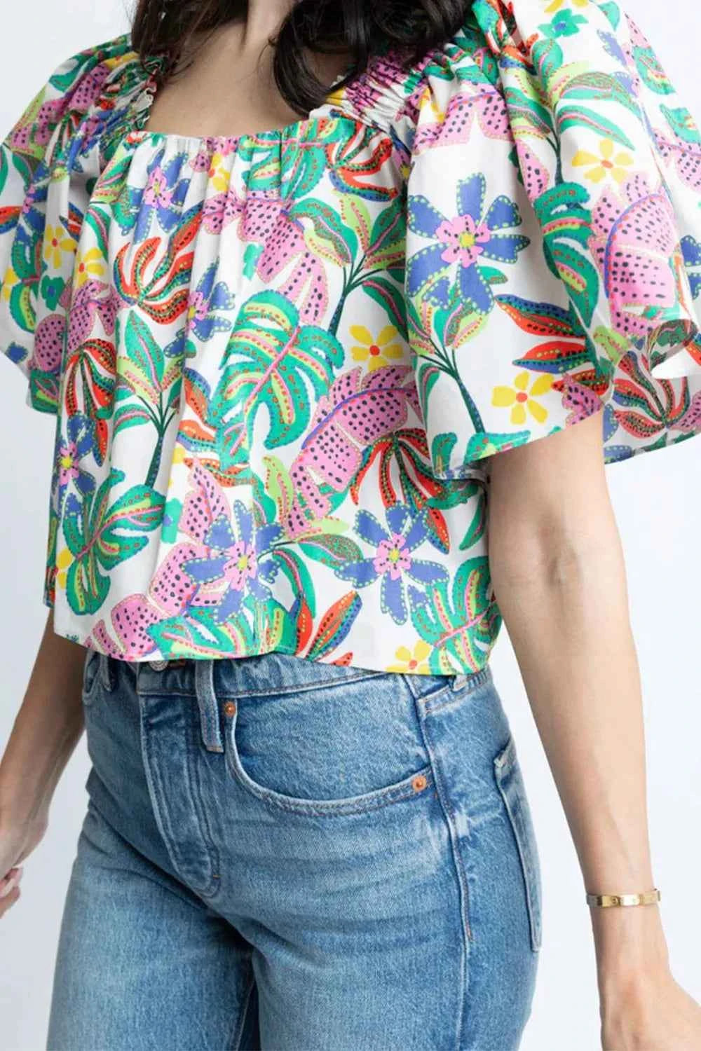 Plant Print Loose Fit Puff Sleeve Square Neck Blouse aebf8b26-d3e9-414c-83d3-5570f601ad07-Max-Origin