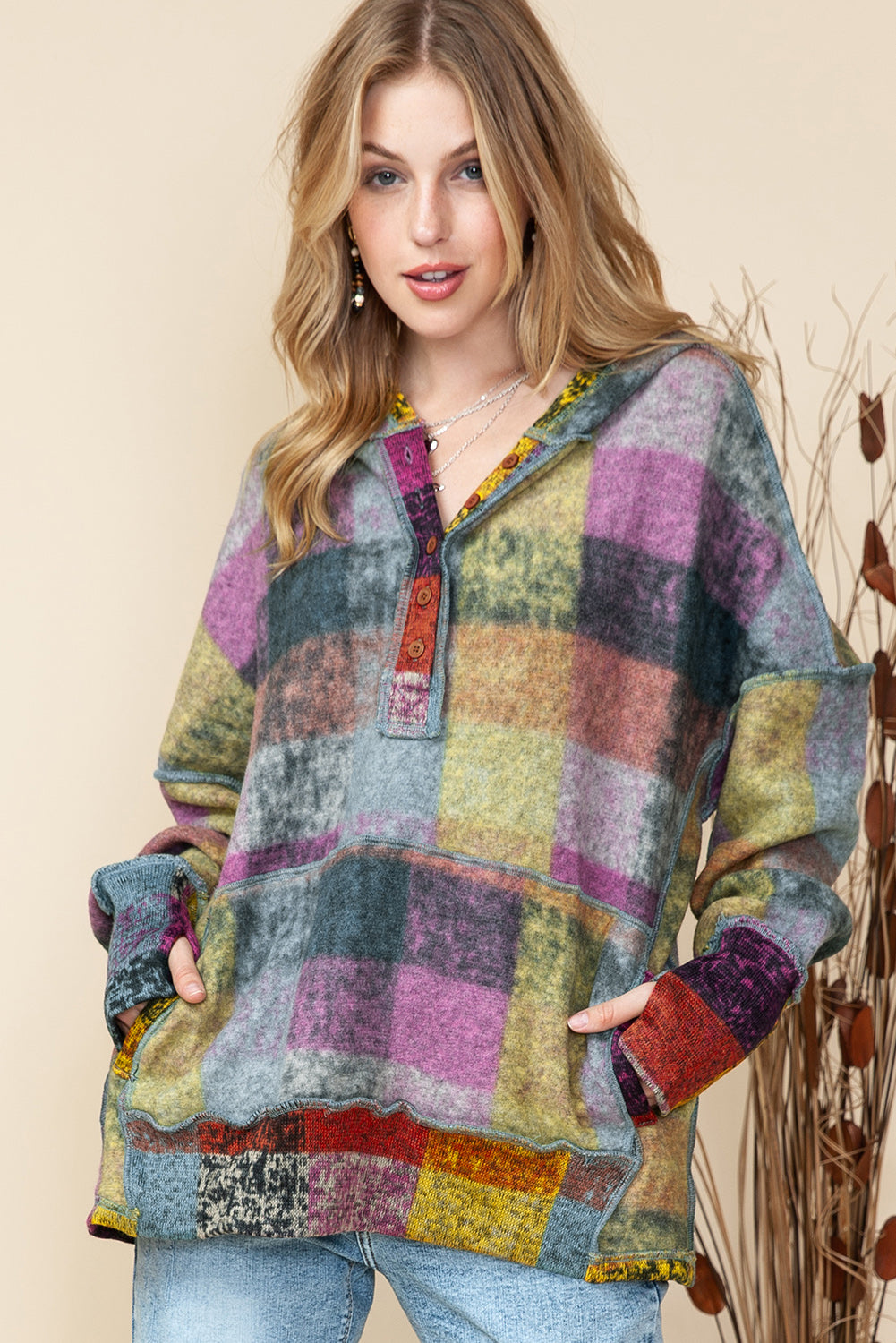 Multicolor Brushed Check Kangaroo Pocket Thumbholes Henley Hoodie aec166cfc8803cfe