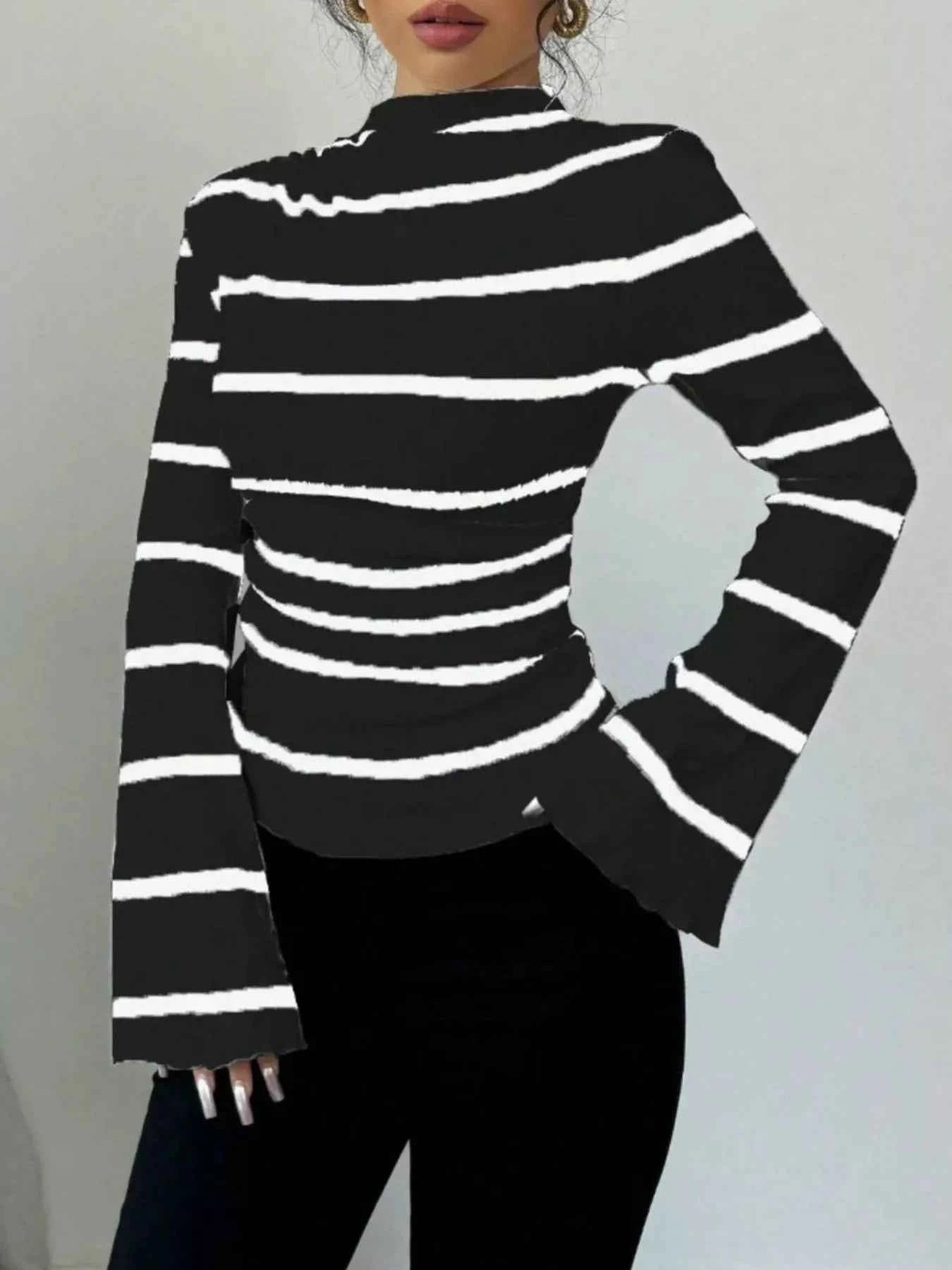 Striped Mock Neck Flare Sleeve Knit Top Black aec45c40-88ad-469b-8ca5-1677bd161a6e-Max-Origin