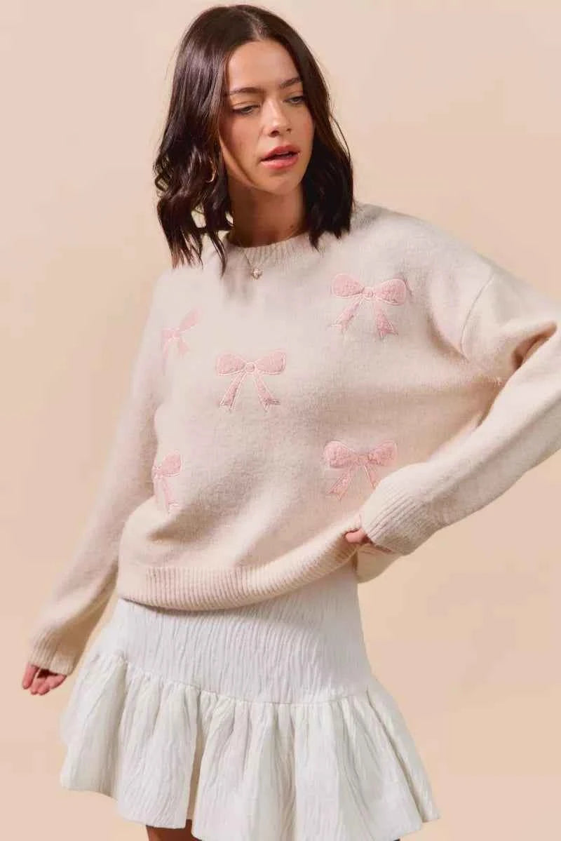SO ME Embroidered Ribbon Round Neck Sweater aed58168096b4914a7fe55bbc4feaff7-Max-Origin